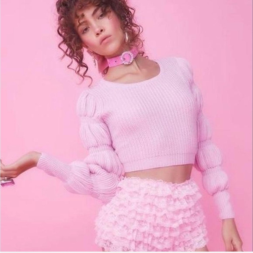 Sugar Thrillz miss charming Pink bubble sleeve Cropped Sweater size XS